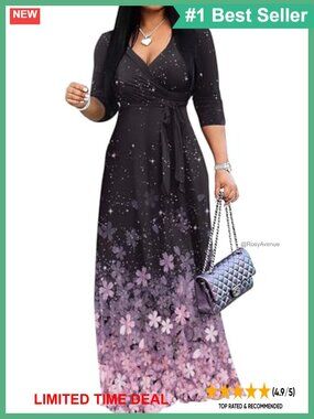 Plus Size Maxi Dress V Neck 3/4 Flutter Sleeve Tie Waist Casual
